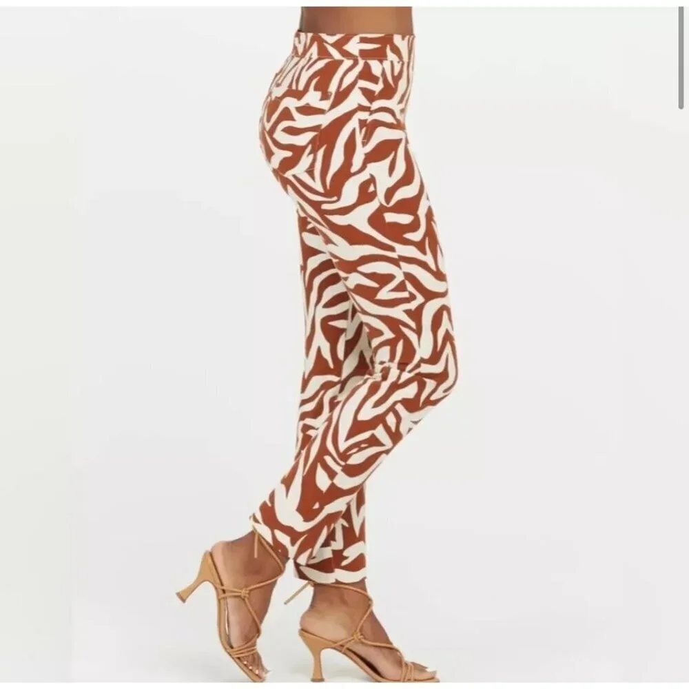 SPANX On-the-Go Ankle Slim Straight Pant Pull On Clay Zebra Stripe Brown Women L - Picture 16 of 16